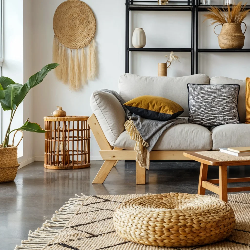 An inviting indoor living space with sheer white curtains and abundant houseplants in woven baskets, creating a natural, bohemian aesthetic. The room features a cozy seating area with textured pillows and a patterned rug on rustic hardwood floors. Sustainable home products